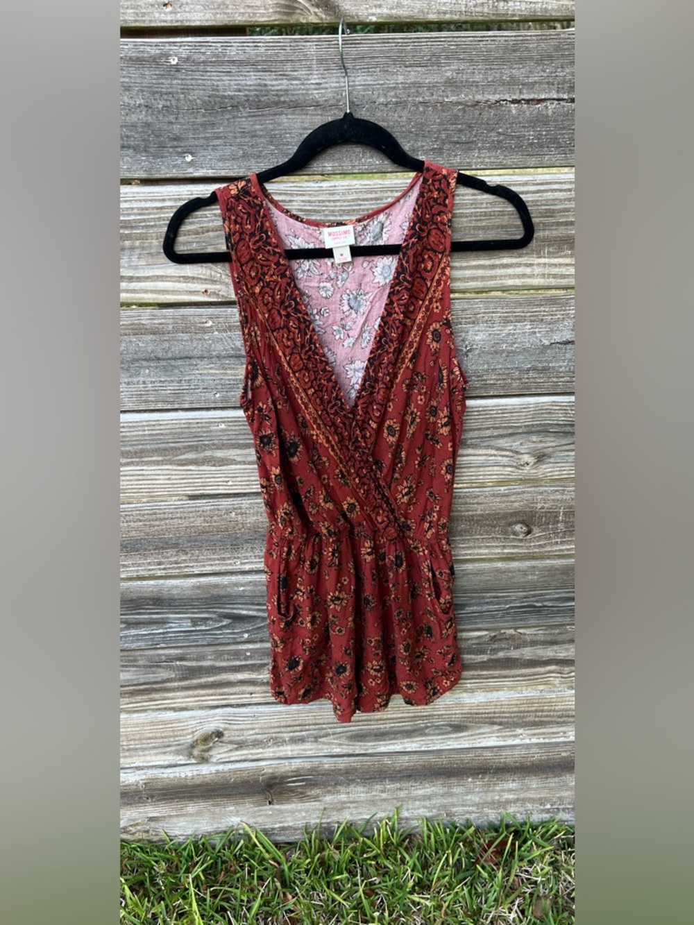 Mossimo Boho Rust Sunflower Floral Print Romper Medium Pockets Whimsy Fairycore - Picture 2 of 15